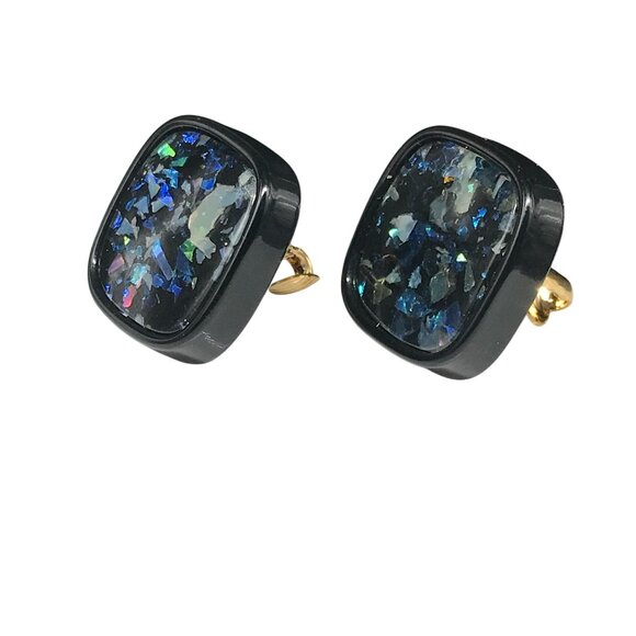 Vintage Black Confetti Lucite Earrings, Square Clip On with Abalone Flakes - Picture 2 of 5